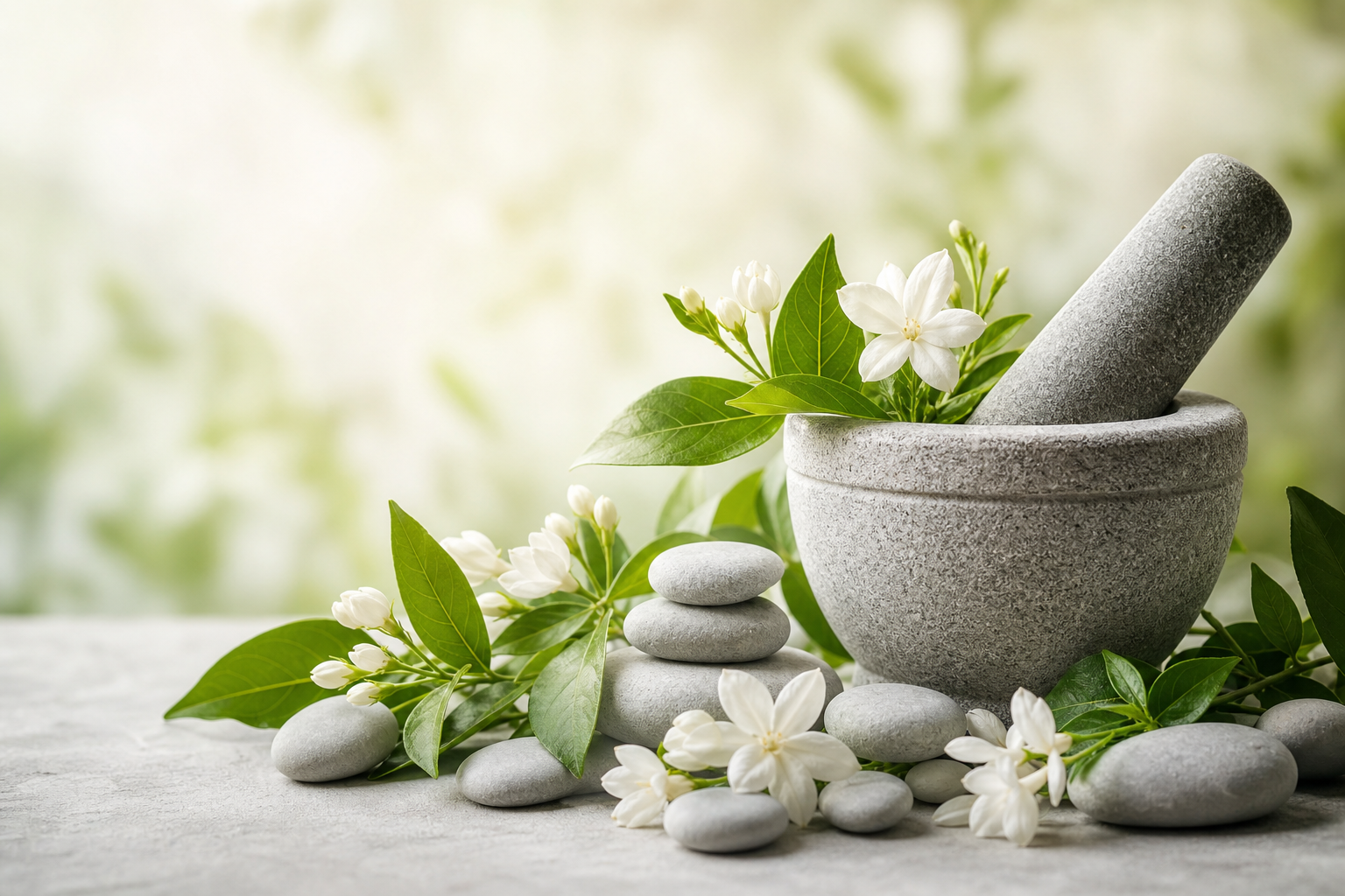 Herbal mortar and pestle with fresh green leaves and white flowers